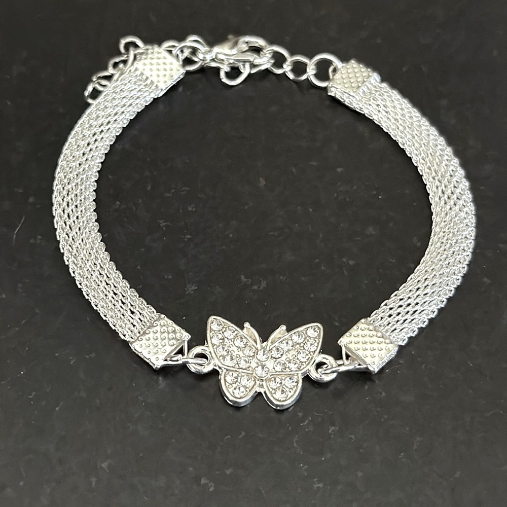 Crystal Butterfly Mesh Bracelet in Silver Tone - 6.5”-8”